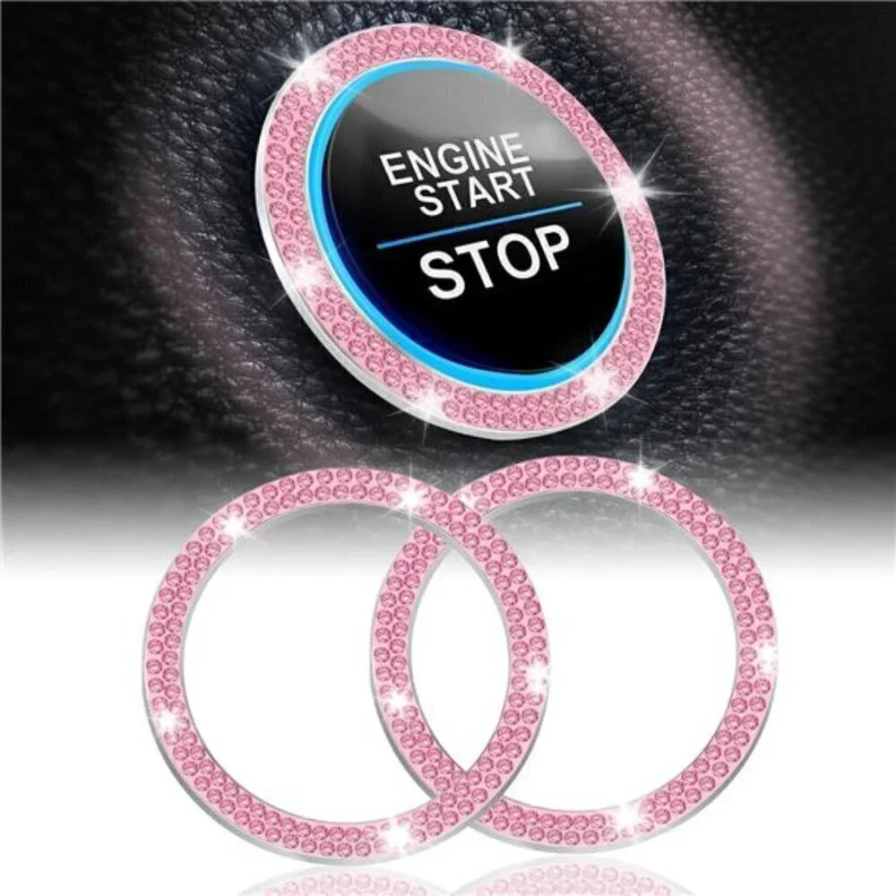 Car Start Button Bling Rhinestone Diamond Engine Button Ring 2-Pack Double Pink - Picture 1 of 7